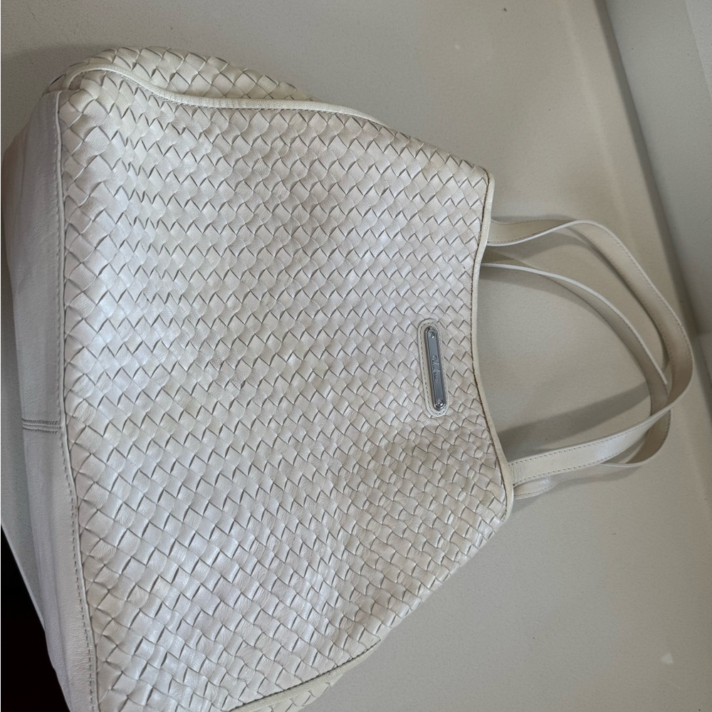 Cole Haan Leather White Woven Tote with Textured Design